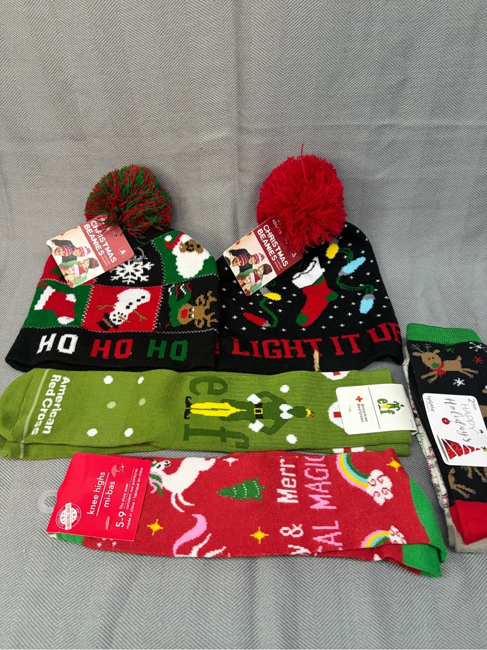 NWT bundle of two beanies and four pairs of socks, winter holiday adult size